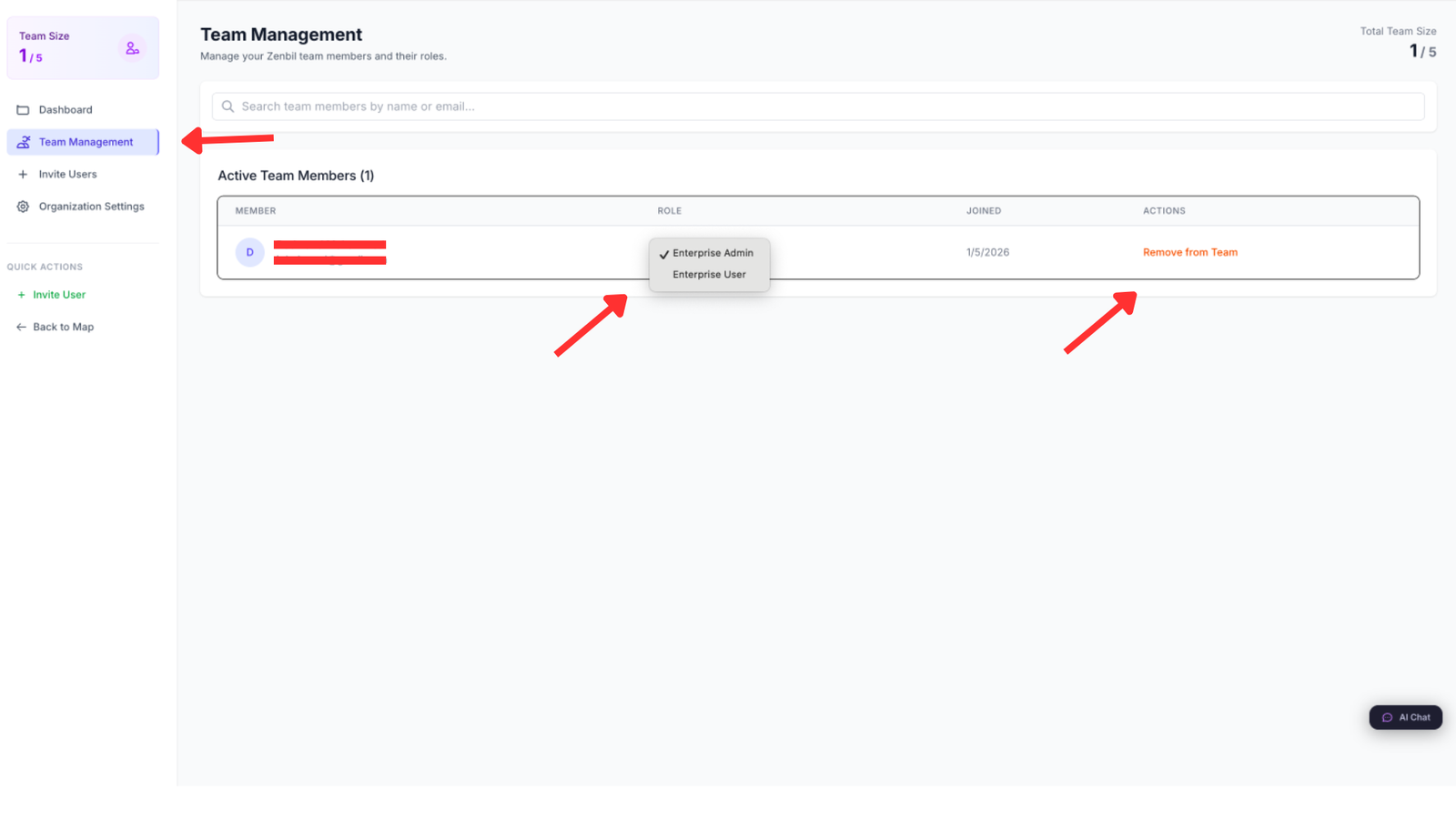 Team Management interface