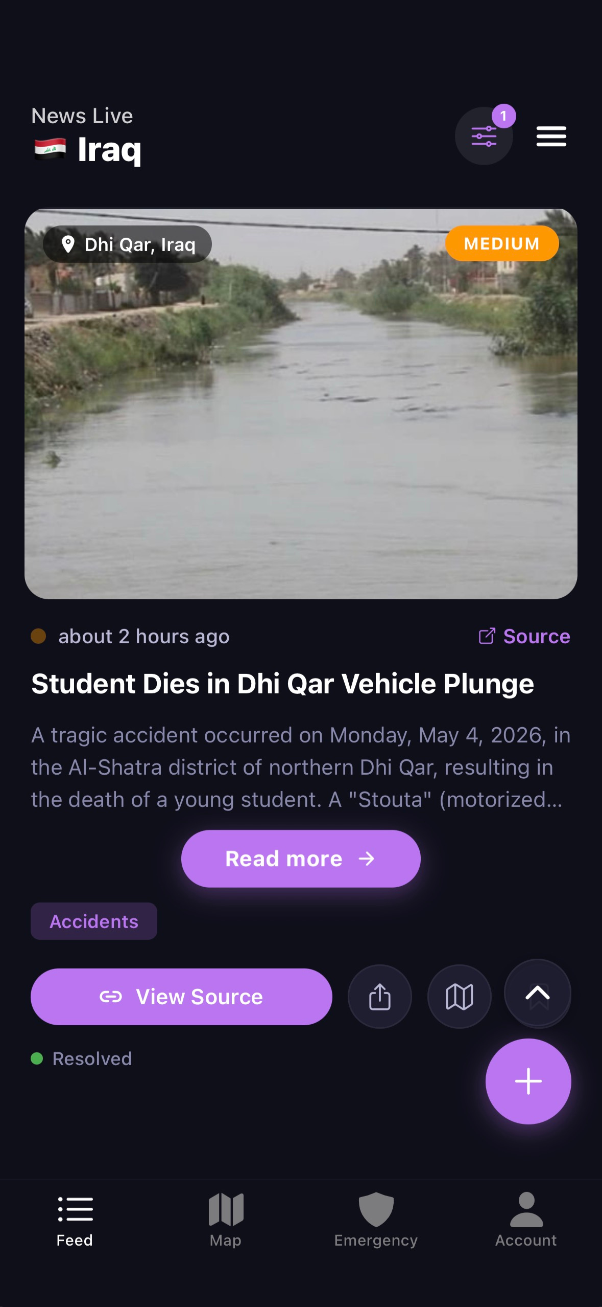 RiskMize app — Live news incident
