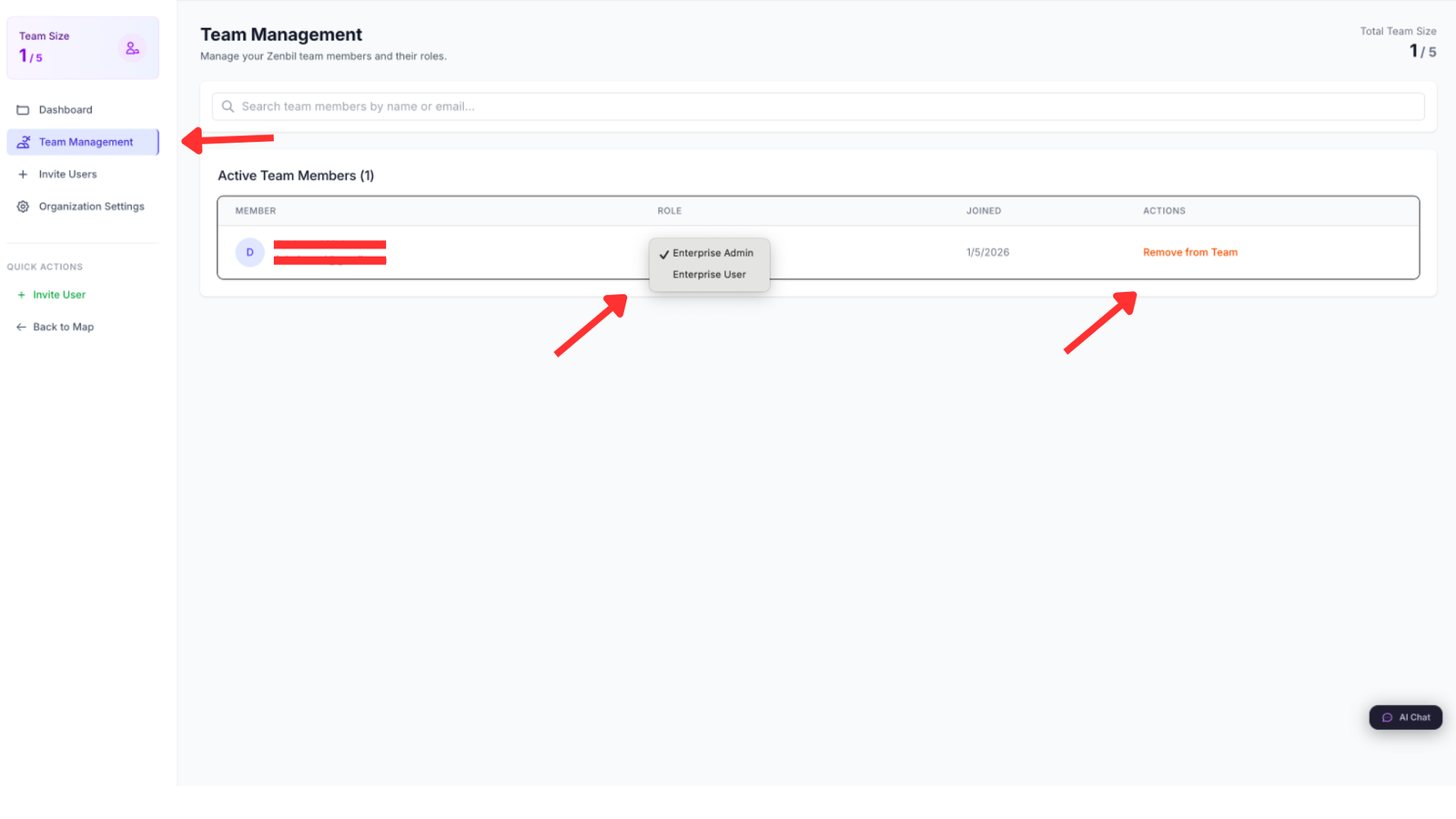 Team Management interface